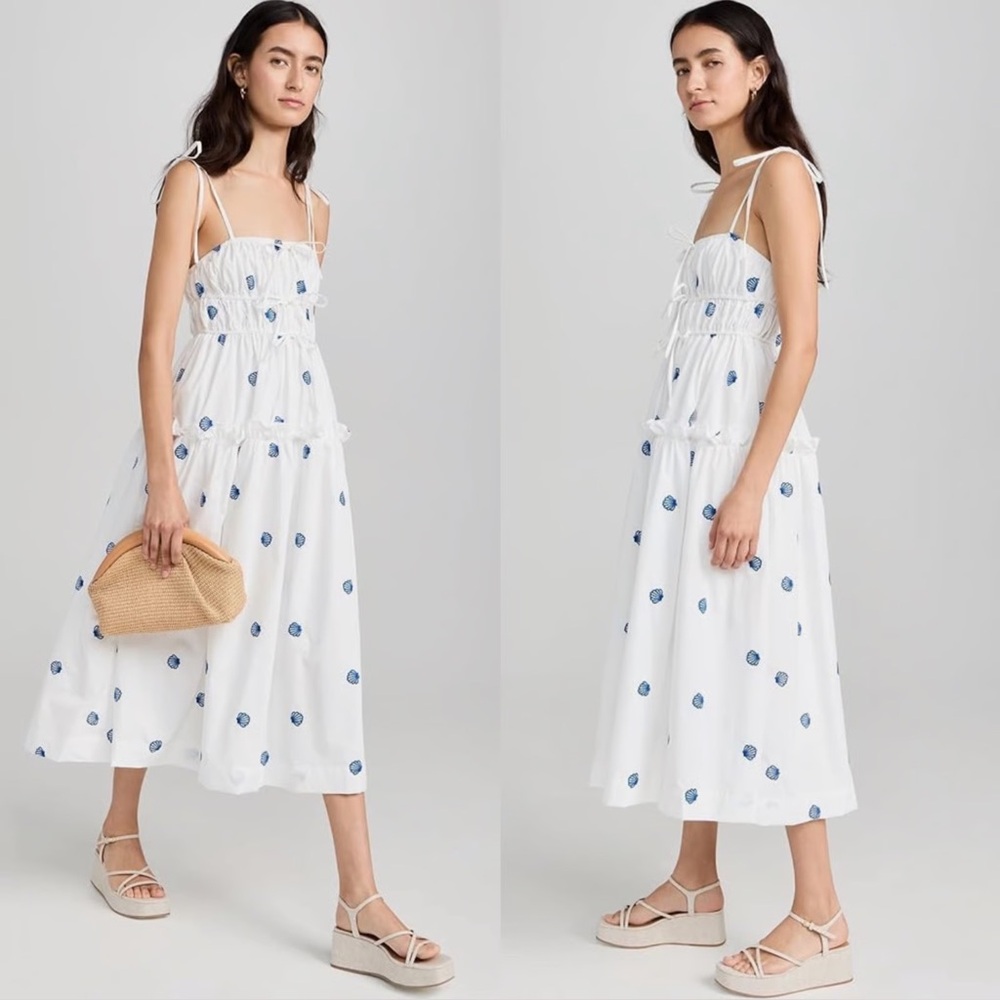 Joie Coastal Cotton Blue Embroidered Seashell White Midi Dress NWT Small